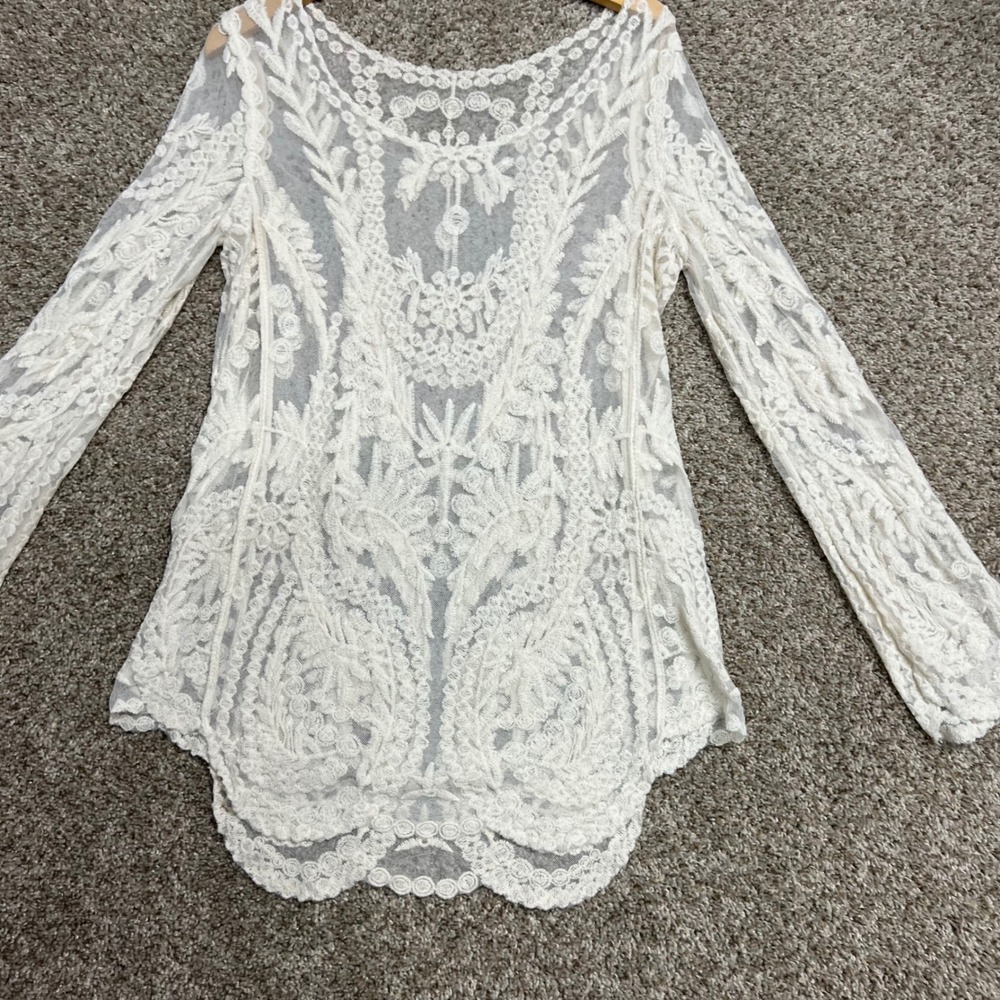 White Floral Lace Sheer Tunic Top Long Sleeve Boho Scalloped Hem Large